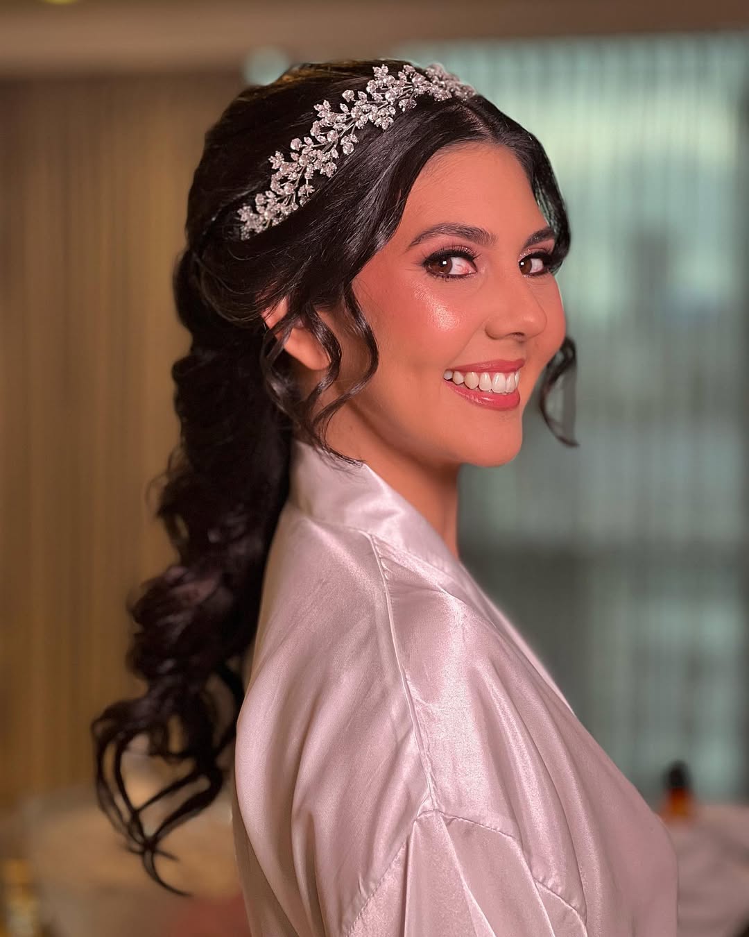 Modern civil bride hair with floral headpiece